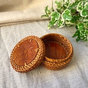 Wicker & Wooden Hand Carved Trinket Keepsake Box